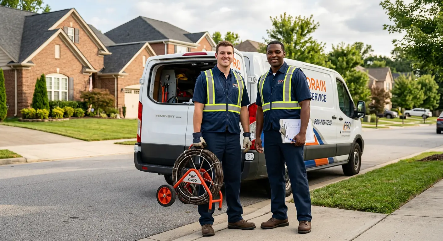 Sewer and drain service team with equipment ready for work in Noble