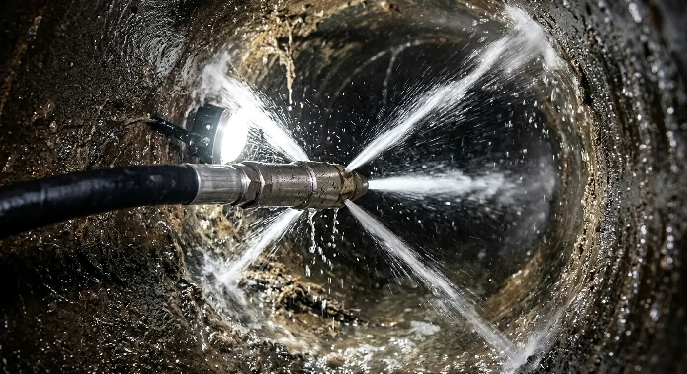 High-pressure hydro jetting nozzle cleaning sewer pipe for Trenchless Sewer Repair in Noble