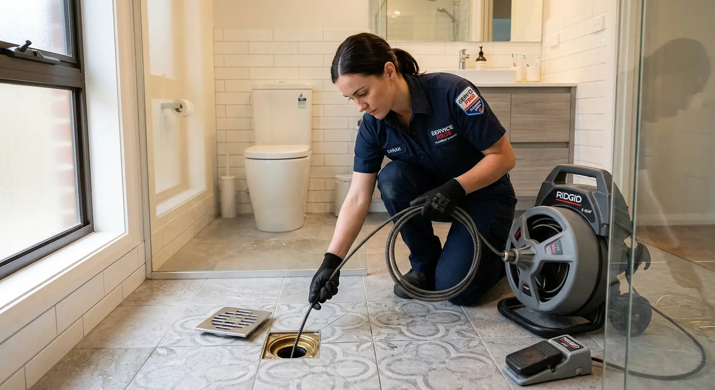 Technician clearing a bathroom floor drain for Sewer Line Replacement in Noble